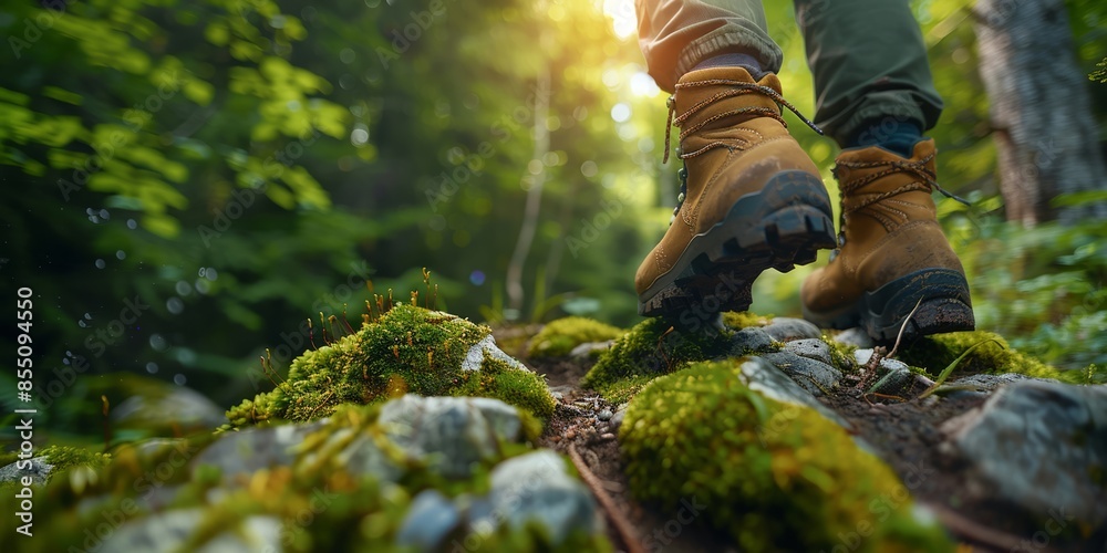 Boots on Mossy Trail in Sunlit Forest Boots on Mossy Trail in Sunlit Forest