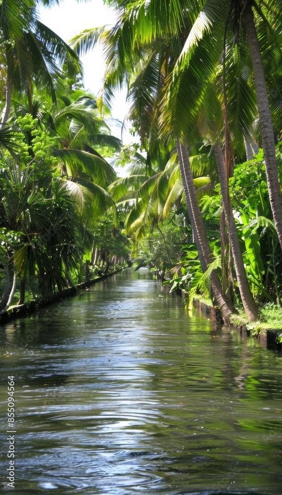 Tranquil jungle river reflects lush greenery amidst dense foliage, creating a serene natural scene Tranquil jungle river reflects lush greenery amidst dense foliage, creating a serene natural scene