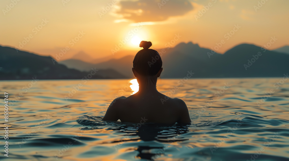 Serene view of a person enjoying a peaceful swim at sunset with stunning mountain scenery in the background. Serene view of a person enjoying a peaceful swim at sunset with stunning mountain scenery in the background.