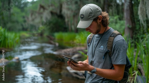A man wearing a grey shirt and a cap looks down at his smartphone as he stands by a small creek in a lush forest.