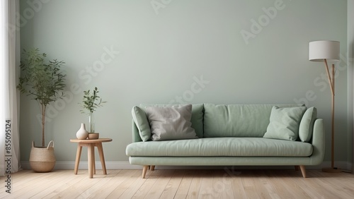 Interior home of living room with green couch, plant and floor lamp on empty green wall copy space, hardwood floor, contemporary