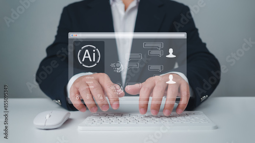 Fényképezés Businessman chatting with a smart AI using an artificial intelligence chatbot developed by OpenAI, Chat bot concept, Artificial intelligence system support is the future, Chat with AI