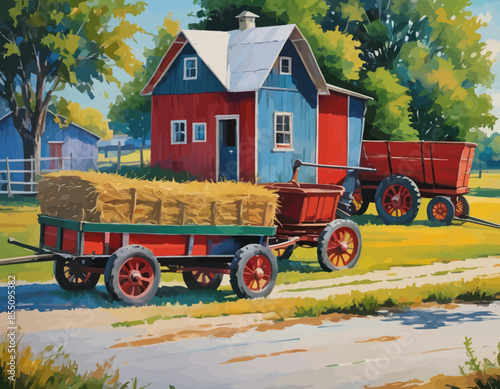 Rural Scene: A Farmhouse with Red and Blue Barns and a Hay Wagon