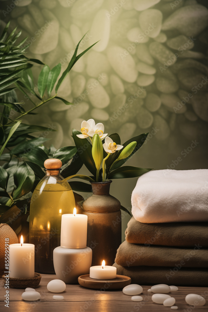 Serene Spa Setting with Candles, Towels, and Greenery for Relaxation and Wellness Serene Spa Setting with Candles, Towels, and Greenery for Relaxation and Wellness