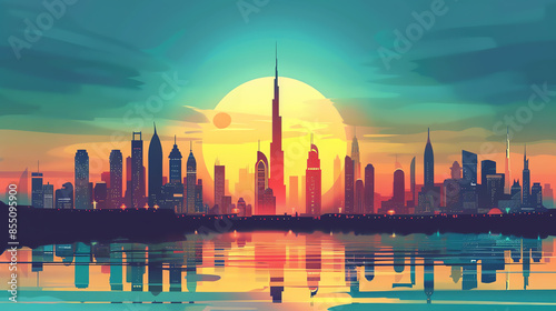 Stunning sunrise over a modern city skyline with colorful reflections in the water, featuring towering skyscrapers and vibrant hues.