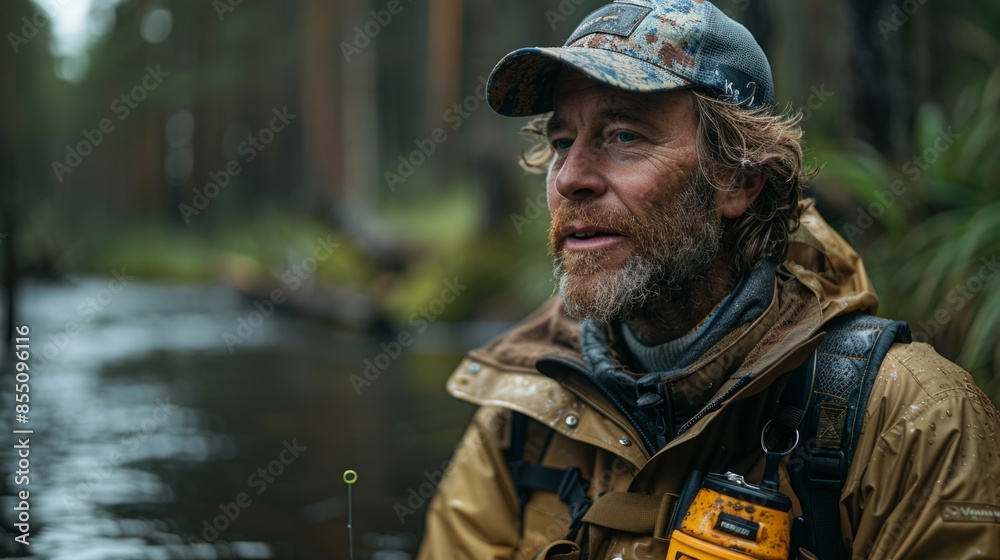 Obraz premium A man with a beard and a cap stands in a forest by a river. He is wearing a jacket and a backpack.