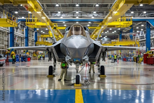 Maintenance Crew Working on a Fighter Jet in a Hangar During Early Hours photo