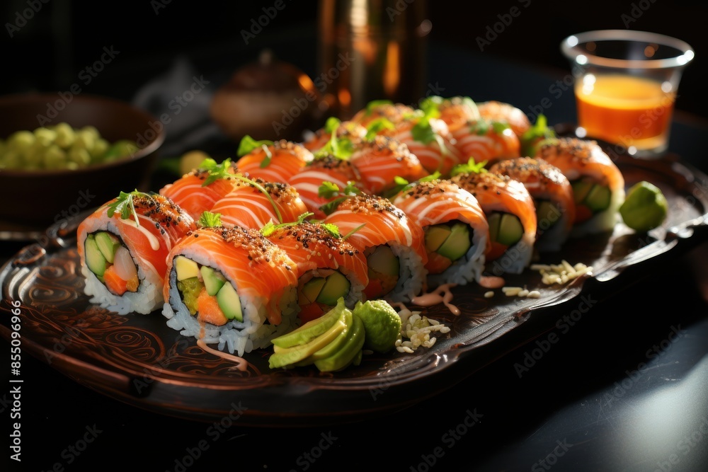 Gourmet salmon sushi rolls served on a black plate with garnishes, ready for an excellent dining experience. AI generated Gourmet salmon sushi rolls served on a black plate with garnishes, ready for an excellent dining experience. AI generated