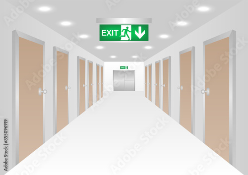 Emergency Fire Exit Sign in Corridor. Exit Sign. Fire Exit Sign. Vector Illustration.