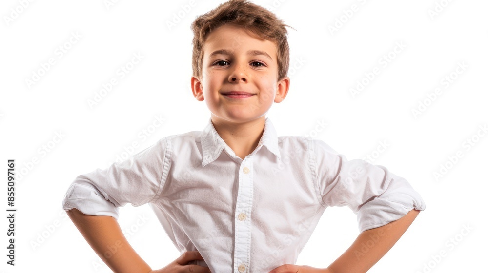 A confident youngster with arms akimbo, ready to take on the world with gusto. isolated white background A confident youngster with arms akimbo, ready to take on the world with gusto. isolated white background