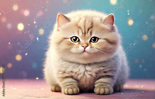 Adorable funny persian cat with sparkling gradient blue pink background