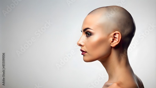 Profile Of A Beautiful Bald Woman With A Neutral Expression On Her Face. photo