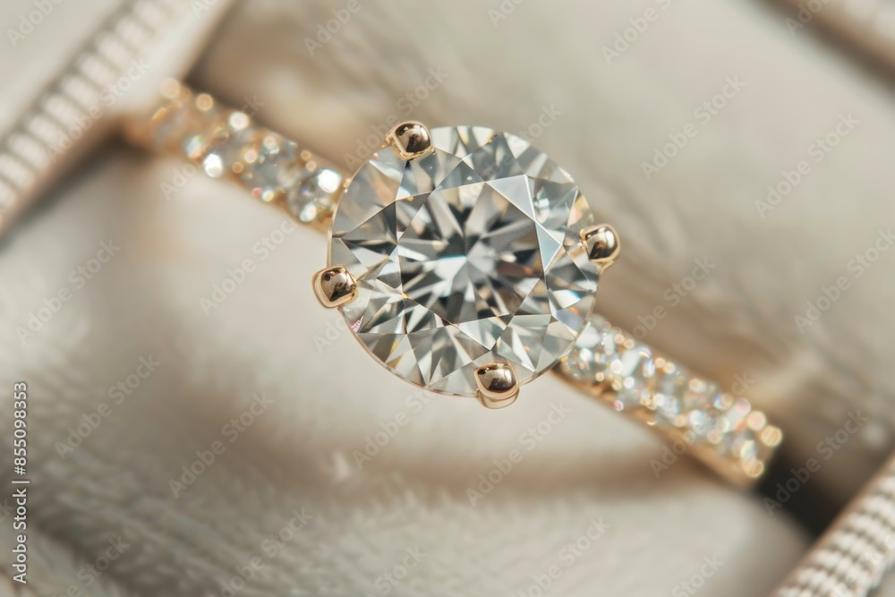Sparkling diamond ring closeup on luxurious satin background Sparkling diamond ring closeup on luxurious satin background