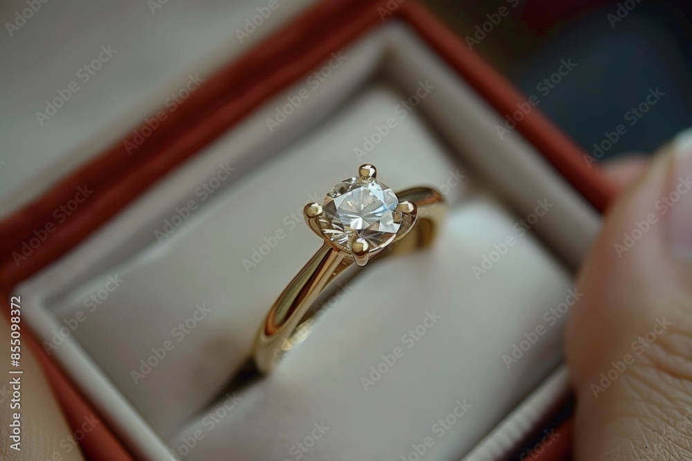 Elegant engagement ring in box held by person Elegant engagement ring in box held by person