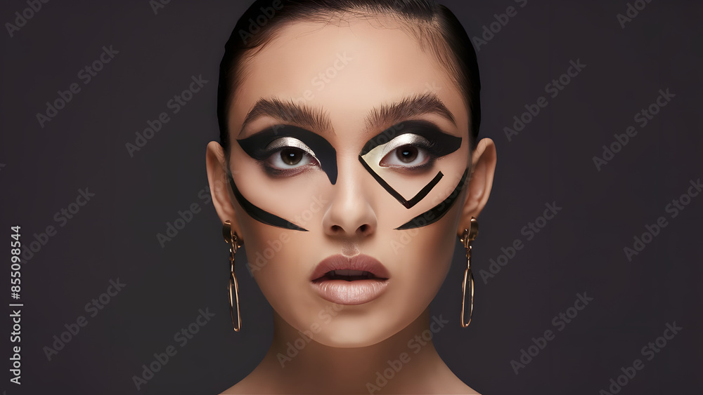 A captivating close-up portrait of a model showcasing a stunning and avant-garde makeup look. A captivating close-up portrait of a model showcasing a stunning and avant-garde makeup look.