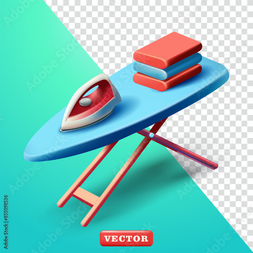 Ironing and folding clothes on the ironing table, 3d vector. Suitable for laundry and design elements