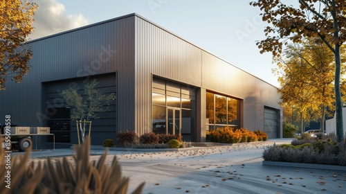 Exterior of a modern warehouse with a small office unit 