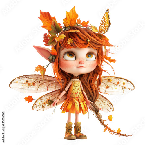 Autumn fairy with leaf crown and wings surrounded by foliage fantasy character transparent background