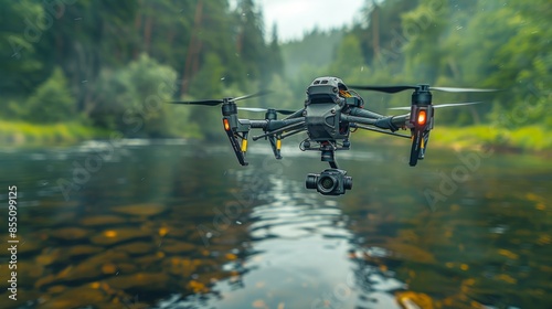 A black drone with a camera flies over a river in a wooded area. The drone is in focus while the river and trees are out of focus. photo