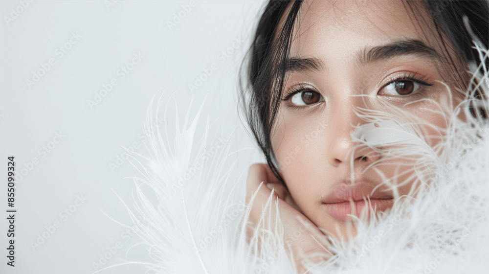 A close-up Asian beauty woman adorned with white feathers on a white background. The image includes ample space for text, perfect for beauty or skincare advertisements A close-up Asian beauty woman adorned with white feathers on a white background. The image includes ample space for text, perfect for beauty or skincare advertisements