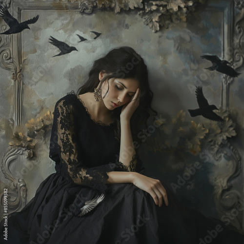 A melancholic brunette woman in a black dress sits despondently next to a dimly lit wall, surrounded by ominous ravens. photo