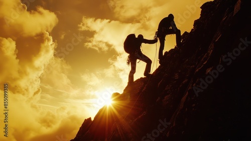 A powerful visual representation of progress and assistance, with silhouettes of climbers aiding each other in conquering the rocky terrain of a mountain ascent.