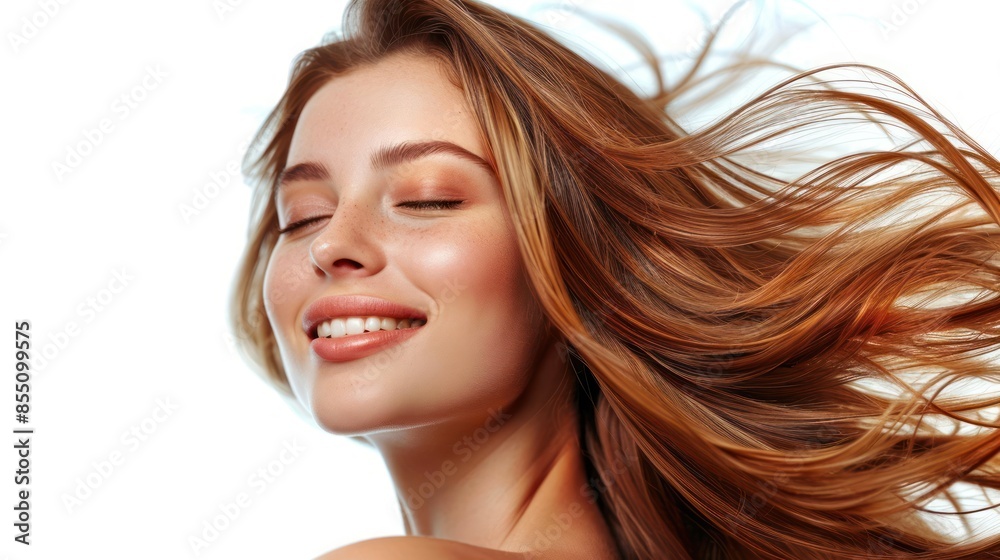 A radiant woman with flowing hair, exuding confidence and grace against a white backdrop. isolated white background A radiant woman with flowing hair, exuding confidence and grace against a white backdrop. isolated white background