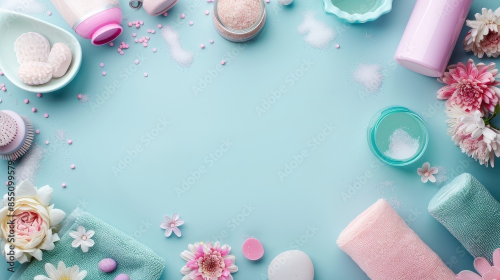 Color background with bath supplies frame Color background with bath supplies frame