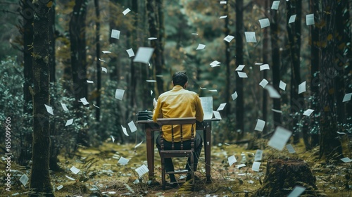 A man sitting at a desk in the middle of a forest, writing on a typewriter, with pages floating around him