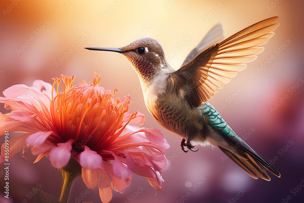 Fototapeta premium Hummingbird feeding on flower closeup