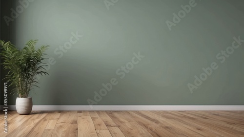 Interior home of empty room with plant on sage green wall copy space blank mock up, furniture product background