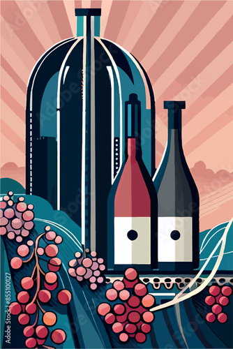 Celebrate the Young Wine Festival with this vibrant poster featuring bottles and glasses of wine set against scenic backgrounds of Georgia and France. Perfect for wine enthusiasts and festival promoti