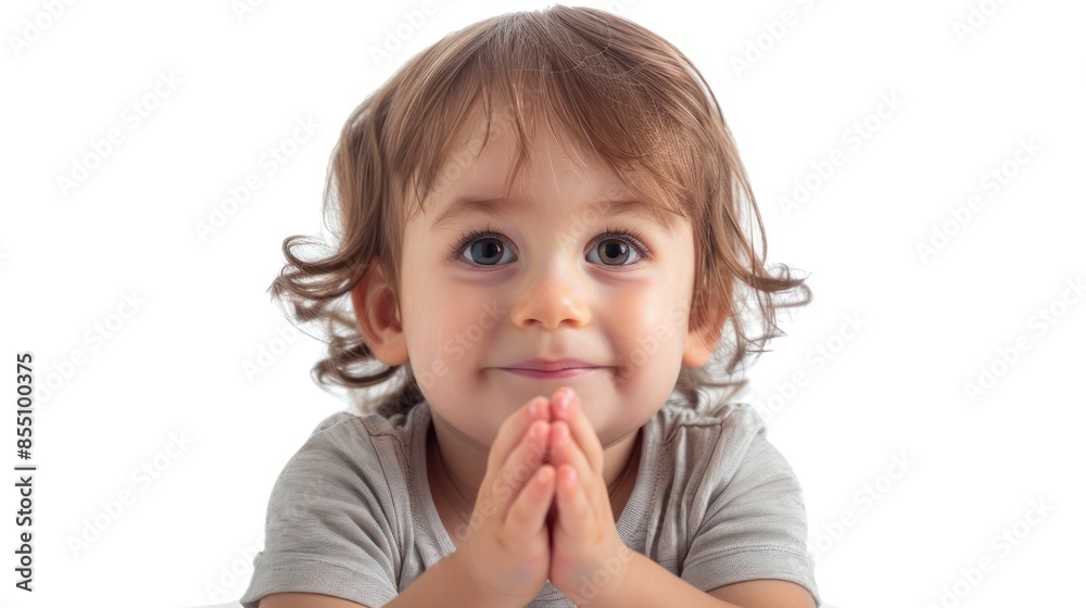 A sweet kid with hands clasped in front, conveying a sense of innocence and purity. isolated white background A sweet kid with hands clasped in front, conveying a sense of innocence and purity. isolated white background