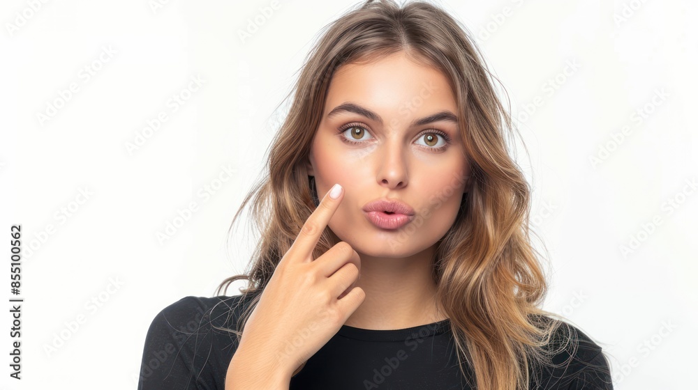 An alluring woman with a finger to her lips, hinting at mystery and intrigue. isolated white background An alluring woman with a finger to her lips, hinting at mystery and intrigue. isolated white background
