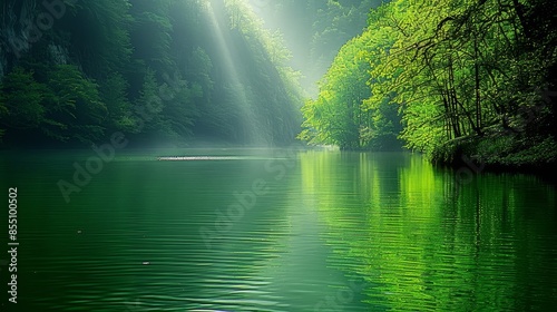 Tranquil jungle river reflects lush banks amidst dense foliage, creating a serene natural landscape