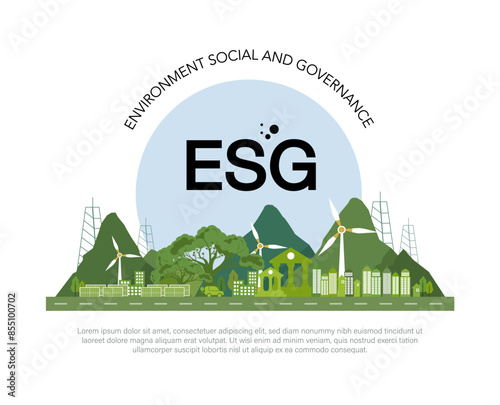 ESG - Environment Society and Governance. concepts on environmental social. Sustainable corporation development. Socially responsible investing strategy. Vector illustration
