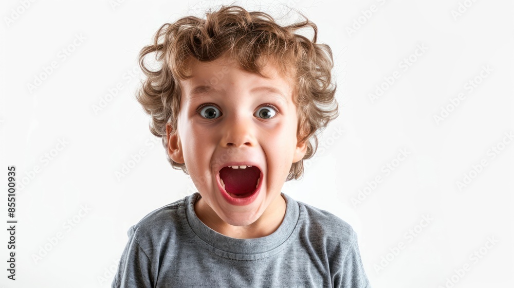 An expressive kid with raised eyebrows, conveying excitement and anticipation. isolated white background An expressive kid with raised eyebrows, conveying excitement and anticipation. isolated white background