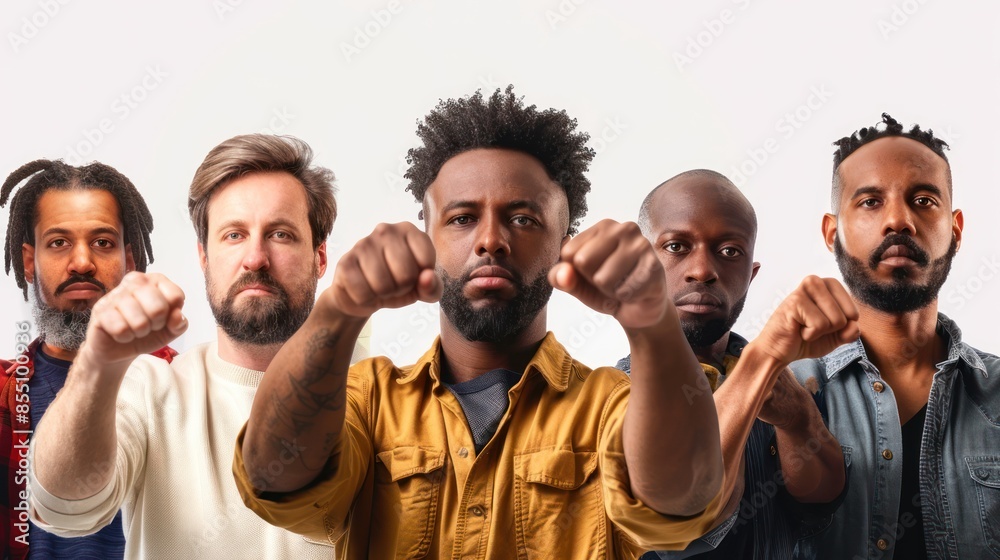 Obraz premium An empowering stock photo showcasing the strength and resilience of men of various races and cultures, united in their pursuit of progress and success. isolated white background