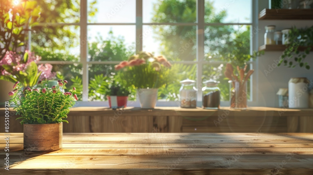 Wooden countertop mockup with summer background and cozy decor