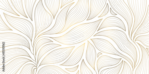 Vector art deco line pattern. Gold leaves abstract background, fancy nature ornament, plant flower texture. Wave nouveau print, vintage jungle illustration.