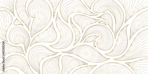 Vector art deco line pattern. Gold leaves abstract background, fancy nature ornament, plant flower texture. Wave nouveau print, vintage jungle illustration.