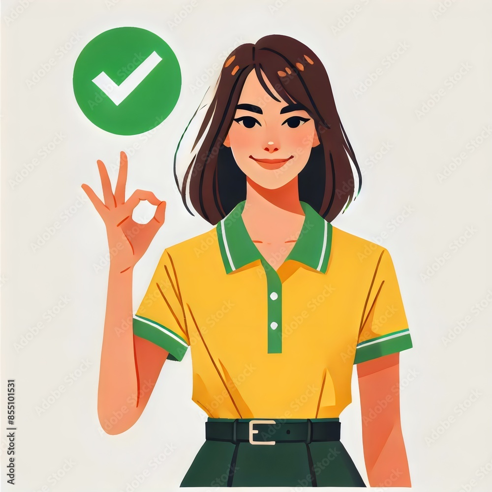 An illustration of a confident young woman making an OK gesture with her hand and a green check mark above her head An illustration of a confident young woman making an OK gesture with her hand and a green check mark above her head