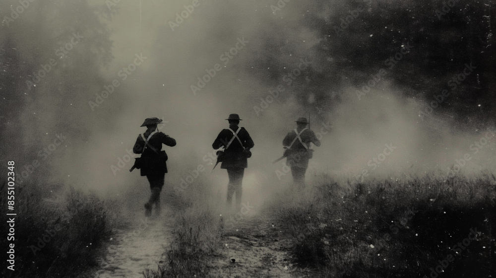 Fototapeta premium Three soldiers running away from explosion on battlefield
