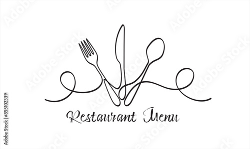 Continuous one line drawing of spoon, knife and fork. Restaurant menu concept.