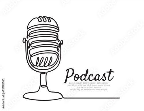 Podcast. Continuous one single line drawing Retro microphone logo icon, vector illustration concept