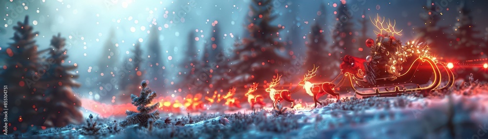 Santa's sleigh flies through a snowy forest with reindeer. Santa's sleigh flies through a snowy forest with reindeer.