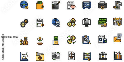 Set of Accounting icons.28 icons collection.included financial statement, accountant, financial audit, invoice, tax calculator,  tax return, income and balance sheet icons.Vector illustration.