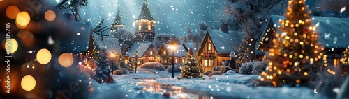 Snowy Christmas village with glowing lights and festive decorations.