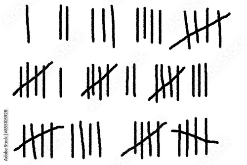 set of tally marks count or prison wall sticks lines counter. hash marks icons of jail or desert island lost day tally numbers counting progress in slash black ink, isolated on white background. 