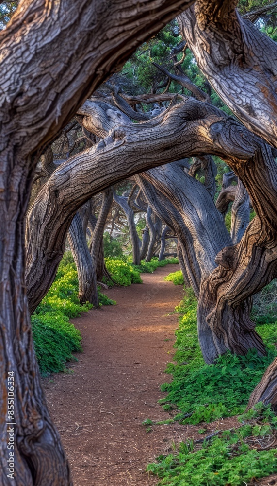 Naklejka premium Enchanting jungle trail discovering adventure through towering trees and lush vines